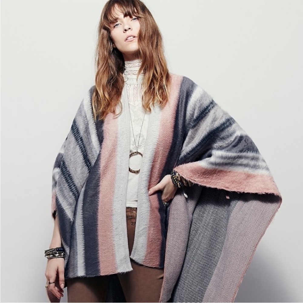 Free People Off Road Ruana Poncho Oversized Shawl Pink Gray Stripe Soft One Size